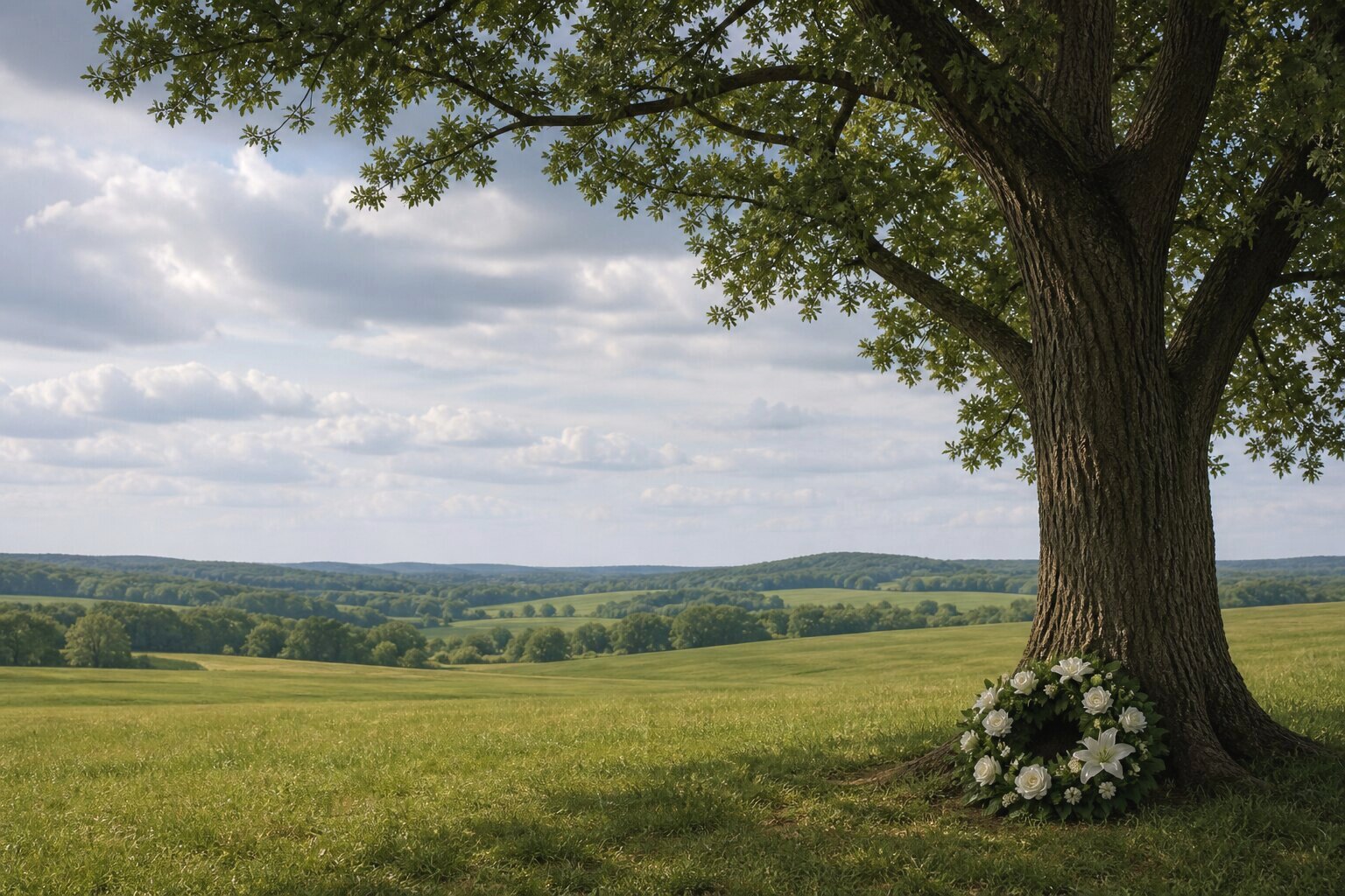 Baumbestattung – Baum mit Blumenkranz auf einer sonnigen Wiese