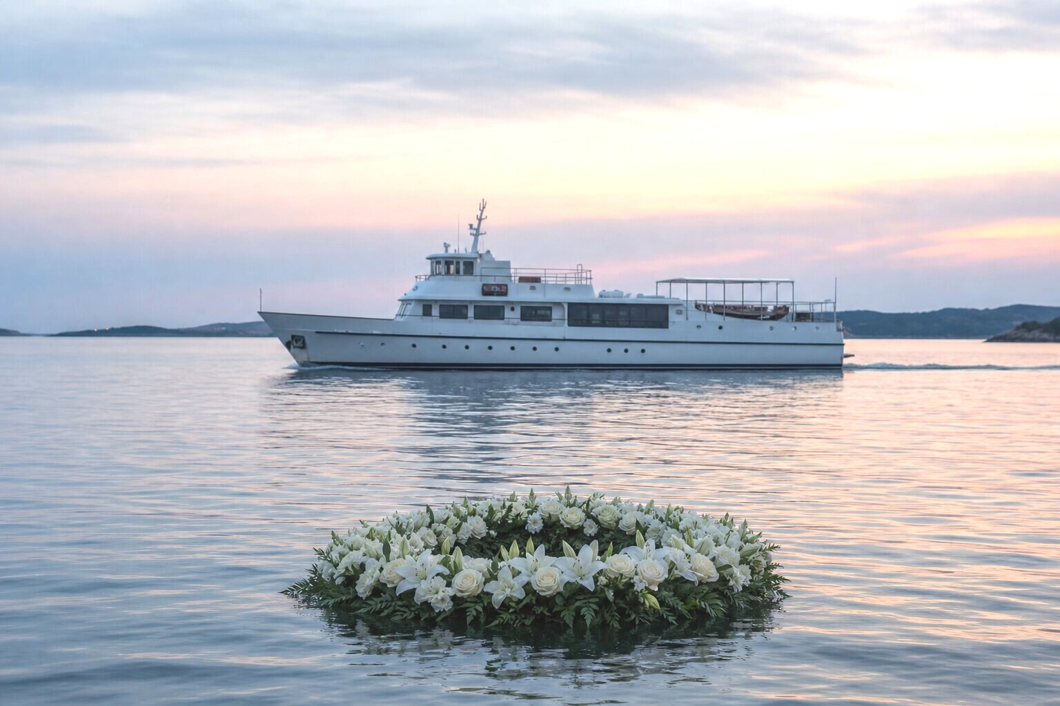 Seebestattung – Schiff in der Breitseite und Blumenkranz, leichtes Abendlicht